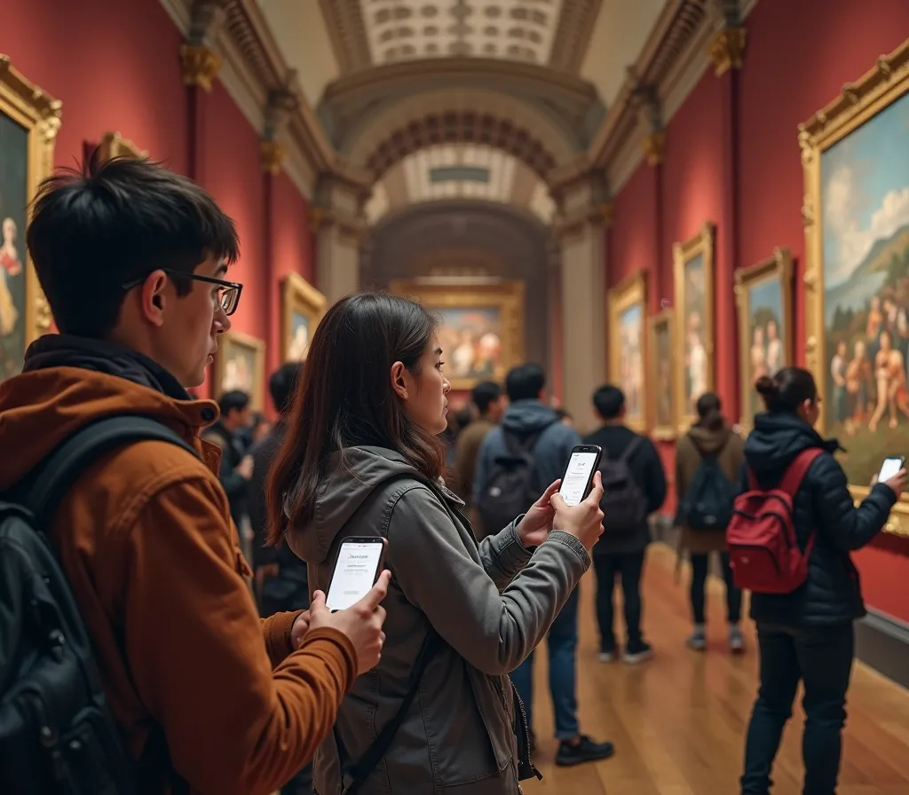 people using an app on their phone that tells them information about a painting or sculpture in the museum as they walk up to it.