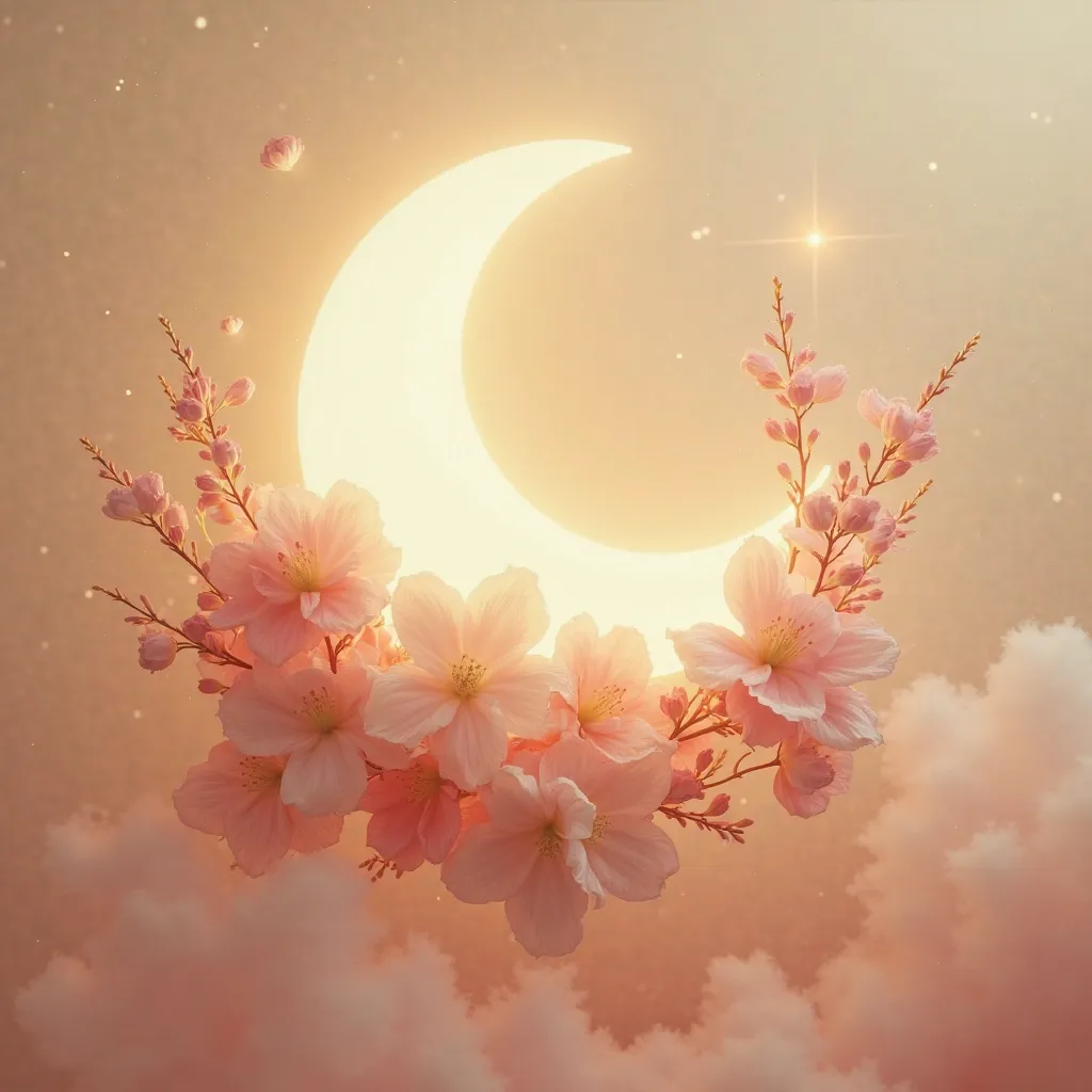 A surreal and vibrant cinematic photo of a beautiful crescent moon in a creamy luminescent crescent, whose soft glow creates an ethereal environment. The Moon is surrounded by an exuberant arrangement of elegant flowers in different shades of pink and whit...