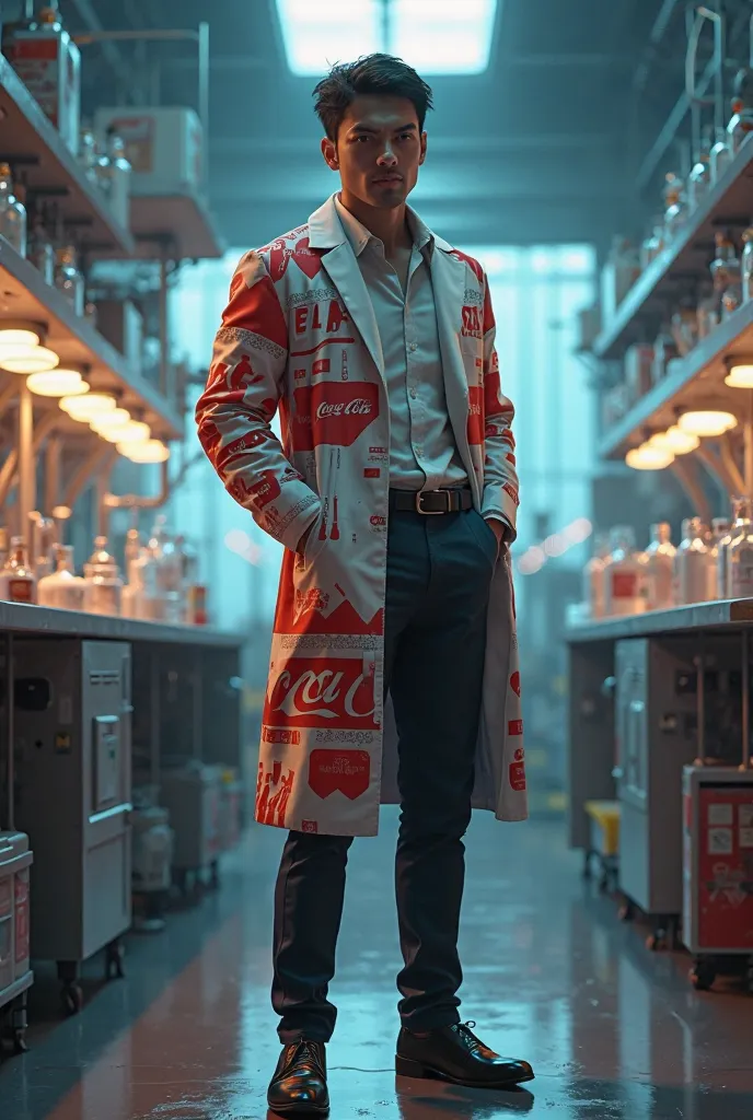 3D hentai of a man wearing coca cola labcoat with black shoes name with hiwa on the shoulder  in a laboratory on a beautiful factory. 
