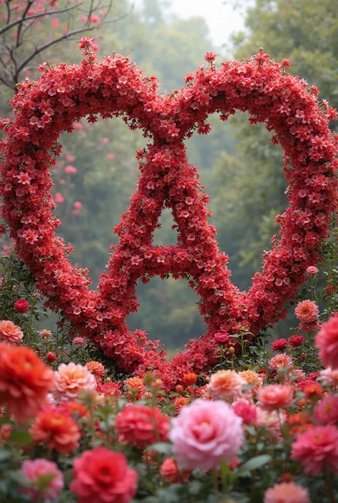 Image of the letter A framed with a red flower heart, all on flowers of all colors, all in lying mode 