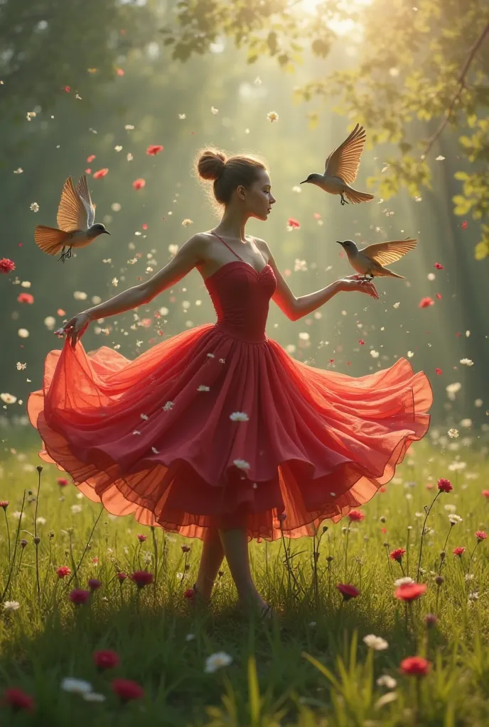 Flying bird , lands on a plain of grass , she becomes a ballerina in a red dress,who, when she makes body movements and turns on her axis, turns into a rose.