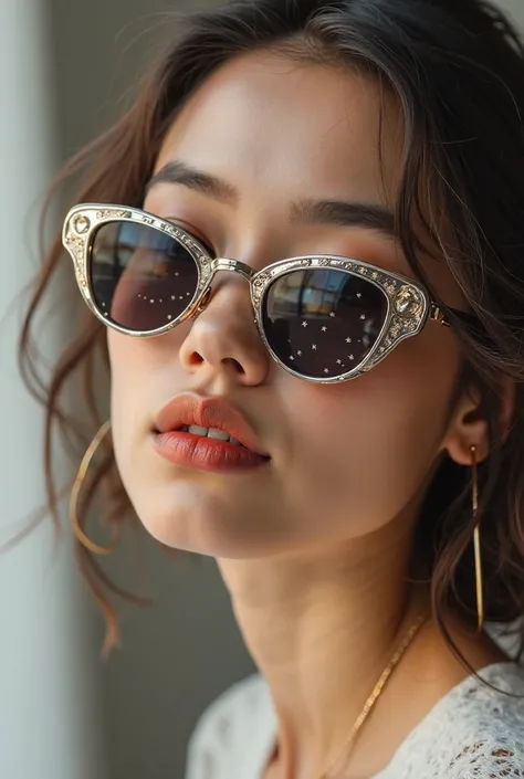  The model wears glass sunglasses,  sunglasses with stars and moon