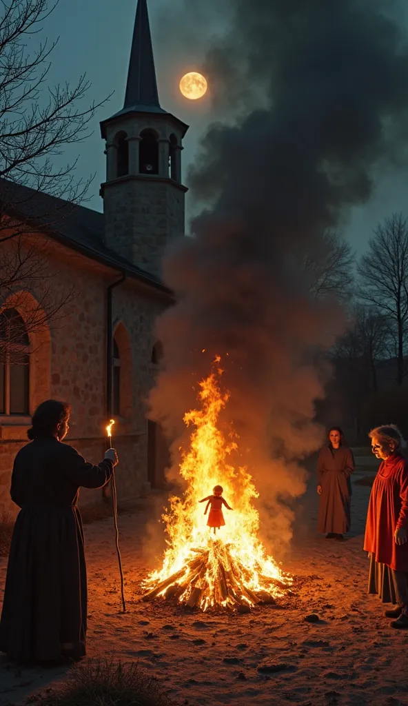 The ritual at church

"In the courtyard of an old church at night, a bonfire burns with loud flames. A rag doll in a red dress is being consumed by fire, emitting thick black smoke. around, an elderly healer throws salt on the fire, while a young woman wat...