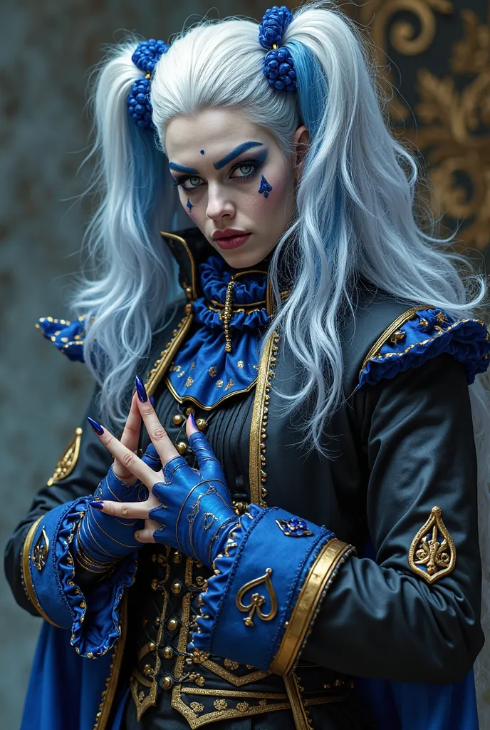 He is a harlequin, his clothes are the typical of what is, the difference is that they are more elegant, they follow the pattern of blue, black and gold, his right eye is white and his left eye is black, below the right he has a dark blue diamond, he has v...