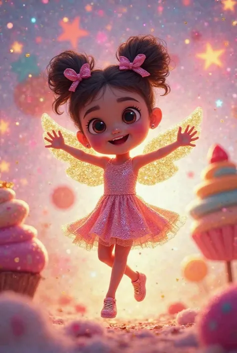 A cute and lively one, in a shiny dress and ties in her hair, appears dancing in a super colorful and magical setting. She smiles at the camera and applauds, calling the s to dance with her. The background has bright stars and fluffy clouds floating. The s...