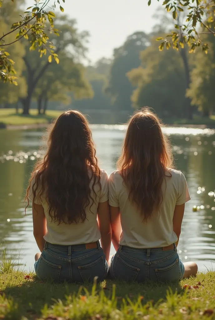 I want an image of two young lady friends next to each other. I want them to be on their backs. I want the image to be 80s style. I want it to be a nostalgic image. It could be on the bench of a botanic park. That there is a lake in the front where they ar...