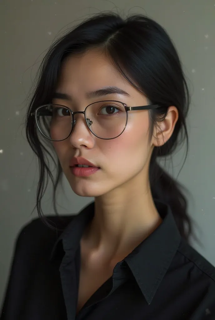 Black hair woman,sharp chin,sharp eyes, round forehead, a very neat hair bun ,lower bun, human,hair tucked behind ears, black shirt, wear thin rectangle glasses,selfie , room background 