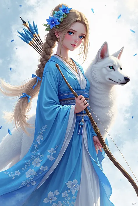 Draw a picture of this description:

ChatGPT Create an image of a 17-year-old Onna Bulgheisha who wears a blue kimono, baby blue and other shades of blue, with myosotic blue flowers,  blue eyes. She wears a necklace that transmits luck, an amulet of ancien...