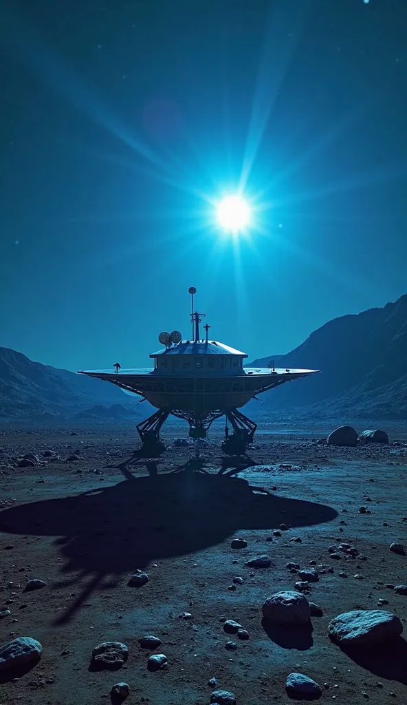 "A Viking 1 spacecraft on Mars at dusk, with blue sunlight with a striking blue hue, reflecting off sleek domed habitats and solar panels, The sky transitions from a deep blue near the Sun to a darker shade further up, creating a surreal and otherworldly a...