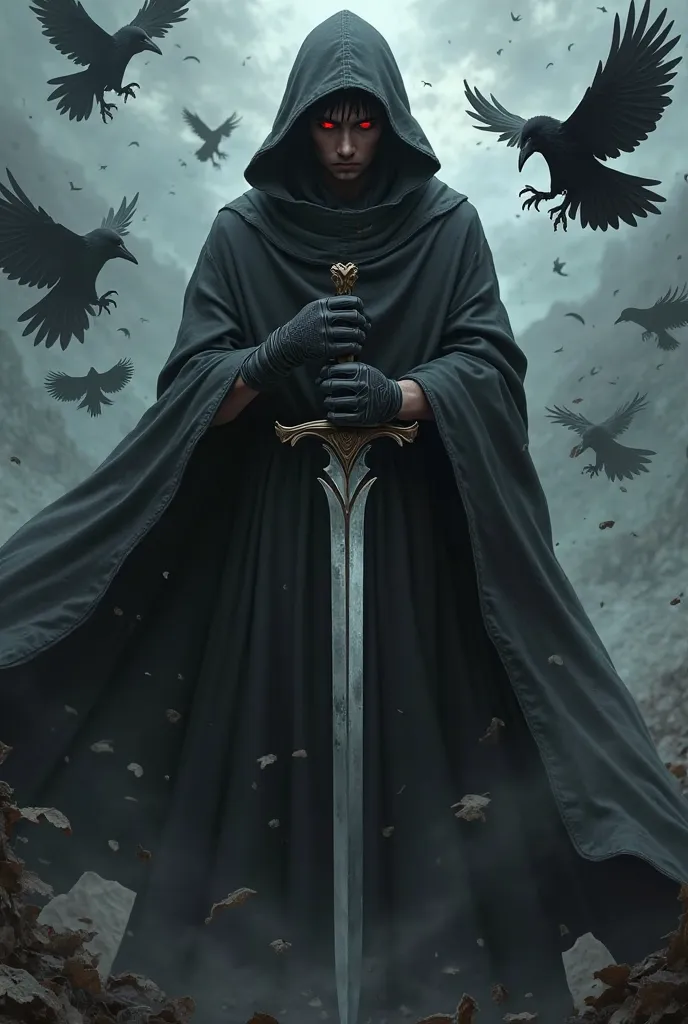 Sasuke uchiha as a mediavel executioner, black clothes, a sword, crows flying around him, fatal eyes