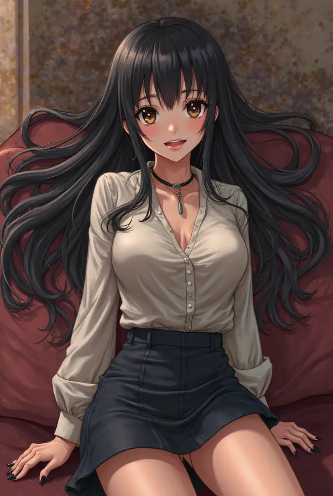 an Italian girl with very long black hair, big boobs, Tune, girl, the girl is wearing a blouse and a miniskirt with lapels、drunk、Lying down , CASUAL OFFICE WOMAN、Heard ringing、panting、Writhe、orgasm、One girl, Alone, masterpiece,  ahegao、A heavy blow of plea...