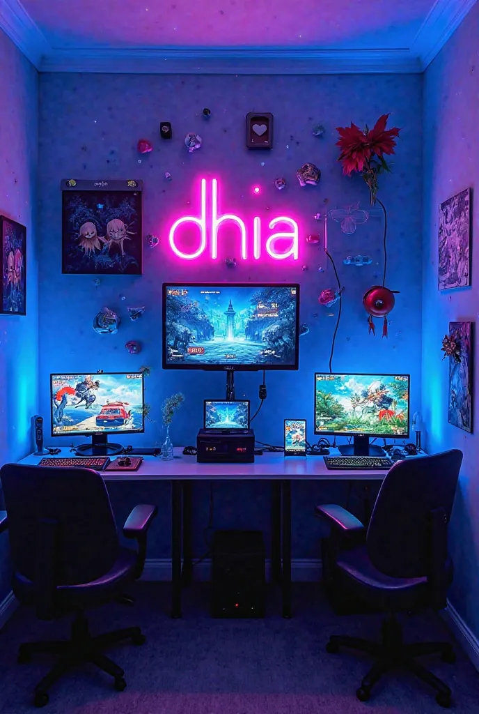 A picture of a room with computers and screens displaying video games, with blue-violet lighting.
A painting on the wall reads dhia with pink lighting. The picture shows a room decorated with impressive blue-violet lighting, with several computer screens d...