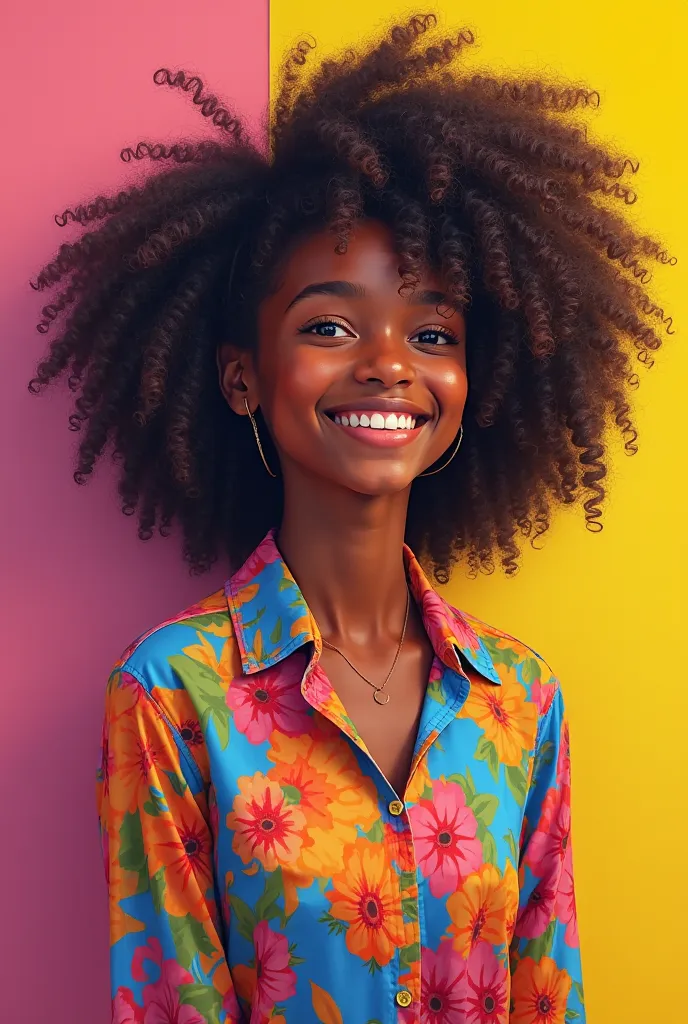 A curly-haired black woman with a cute face, clothes have big brown eyes and a happy smile, with a very colorful and fun outfit