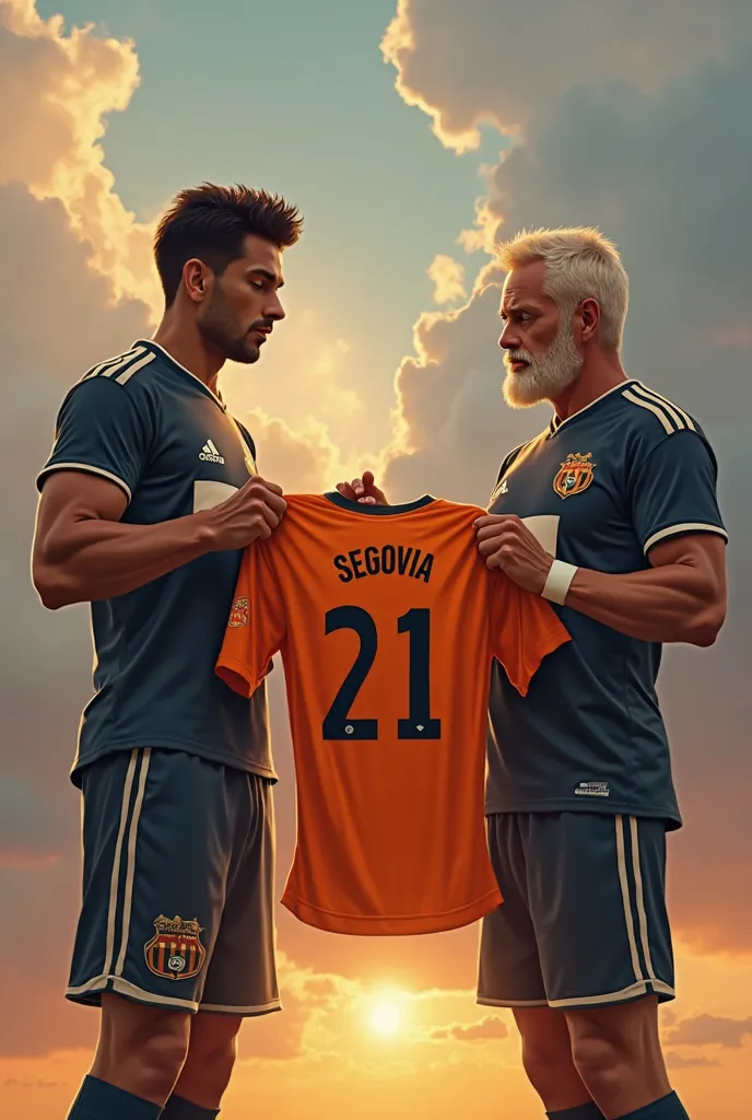 I would like to create an image in which a dark-haired soccer player:  young, brown and who measures more or less 180 cm signing a contract with a blonde boy of 180 cm and about 45 years old holding between the two of them an orange football shirt with his...