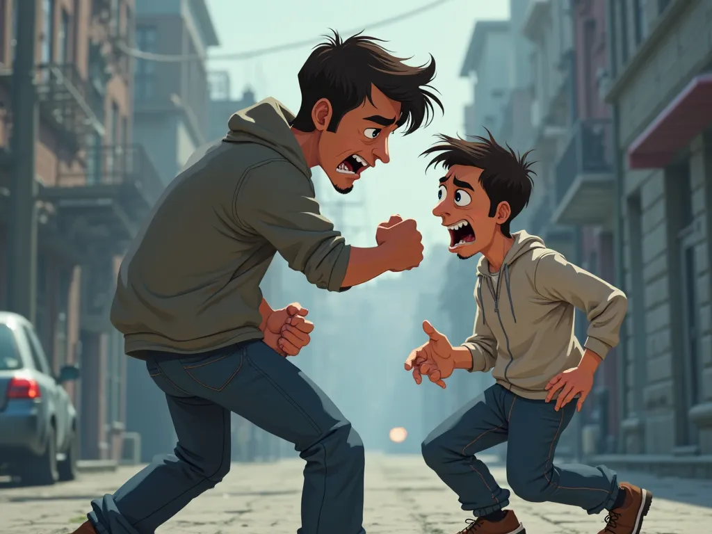 young age man, with anger, Beating another young man being beaten with fear, Pixar