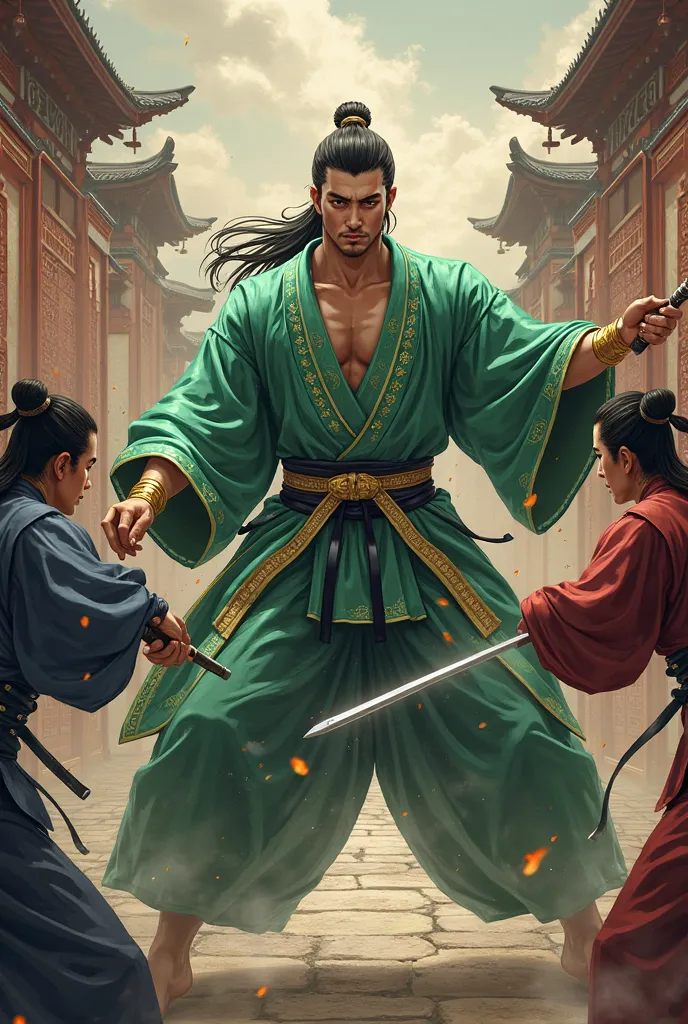 Oriental male warrior in green kimono and gold bracelets fighting 3 killers