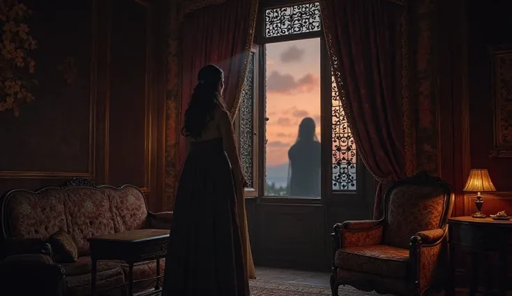 A dimly lit room inside a grand palace, with ornate furniture and embroidered silk curtains. A young woman, dressed in traditional attire, stands near a wooden window with an intricate lattice design. Outside, a mysterious shadowy figure is seen knocking o...