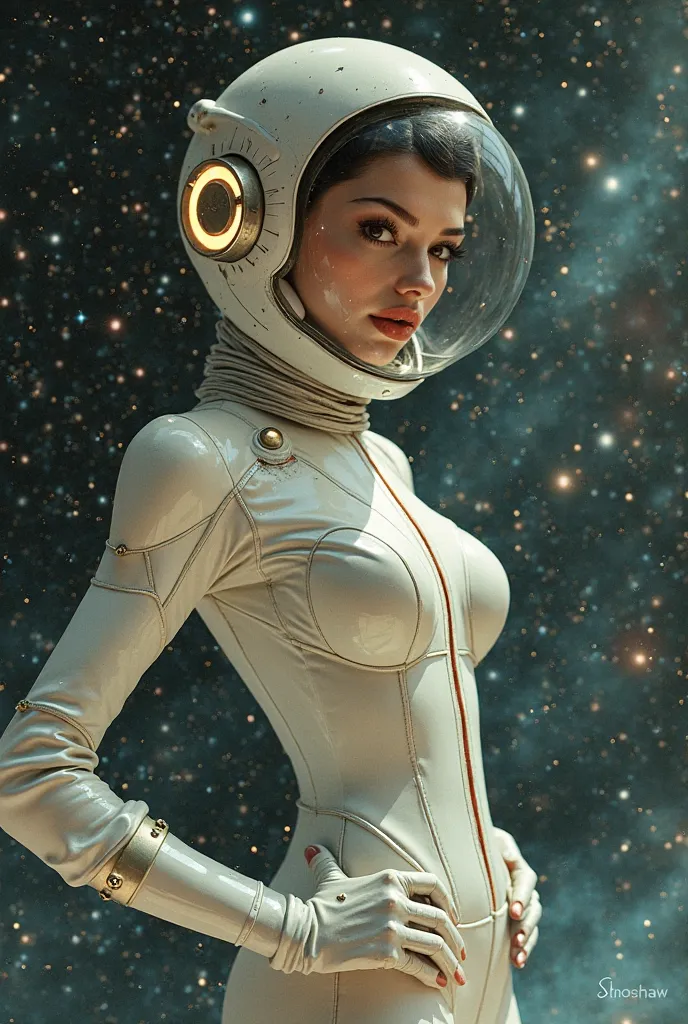 a pin up female model wearing a fashion space suit wearing a space helmet with 60s theme gloves, space in background 