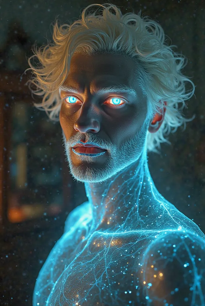 Man blond hair , ice blue Augen, Is in the living room on the package as a hologram but human in a glowing particle aura high resolution, , Fangs, show fang,  amber-colored eyes , 