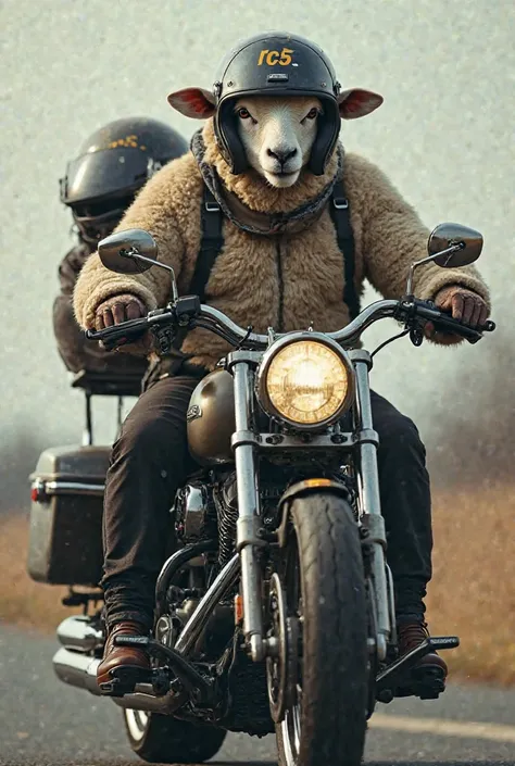 Sheep with a helmet written RC5 Riding a Harley Davidson motorcycle carrying it in the back seat to Vladimir Putin