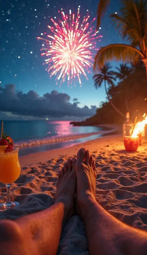 An ultra-realistic point-of-view image (throw), capturing the first-person perspective sitting on the soft sand of a Hawaiian beach at night, feet partially buried in hot sand. Ahead, the ocean reflects the vibrant glow of the colorful fireworks that illum...