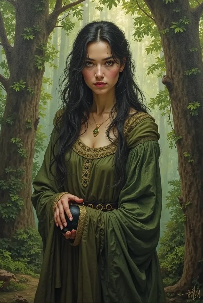 OIL PAINTING, Woman with dark hair and green eyes, 30 years, 11th century , Ordinary dress, in a forest.  she's a sorceress 