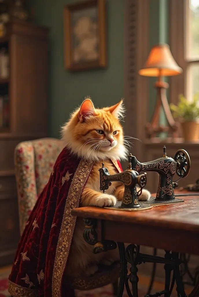 Tiny Tailor Crew – A team of miniature artisans stitches and embroiders a luxurious velvet cape for a regal Persian cat, their tiny sewing machines whirring as golden threads shimmer under warm, cinematic lighting.