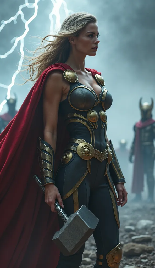 A highly detailed and cinematic scene of a feminized Thor standing in thick silver mist. She wears a modern battle suit inspired by Thor's armor, exposing parts of her flawless bronze skin and showcasing large breasts with gold-plated accents. Her red cape...