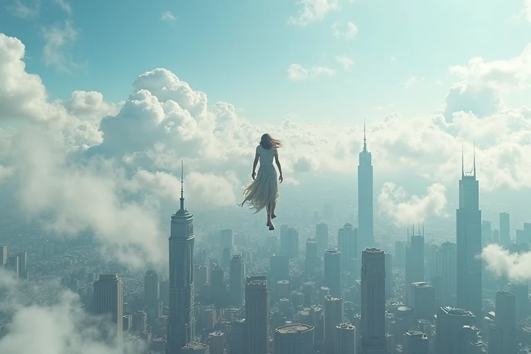 Image of the top of tallest city buildings, someone is walking over the city, over the air, over the wind.