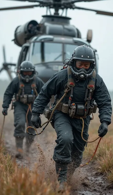 "A team of rescue workers in black hazmat suits with advanced breathing masks and helmets descend from the black helicopter using ropes, swiftly through a muddy field. Their suits are equipped with various tools and oxygen tanks, large rescue helicopter's ...