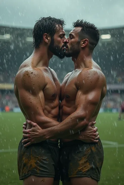 Rugby players kiss naked on the court in sexy rain and mud 