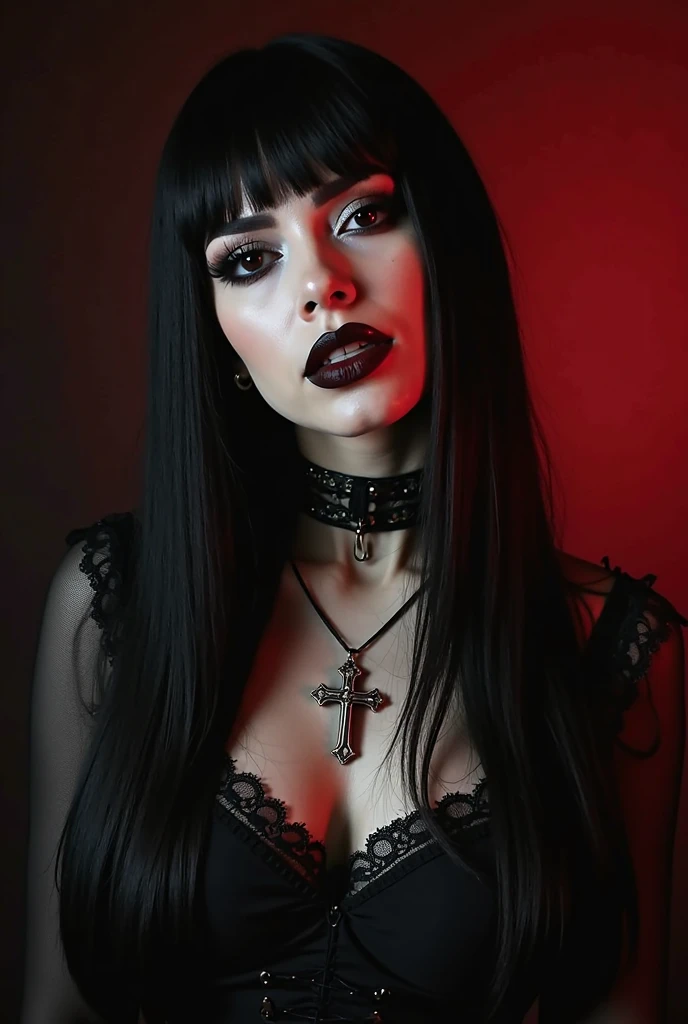  a woman with long, straight black hair ,  pale skin, gothic makeup with striking black eyeliner, dark eyeshadow and dark red or black lipstick. She's wearing a crucifix necklace, dark clothes with lace or leather details, and the background is dark , with...