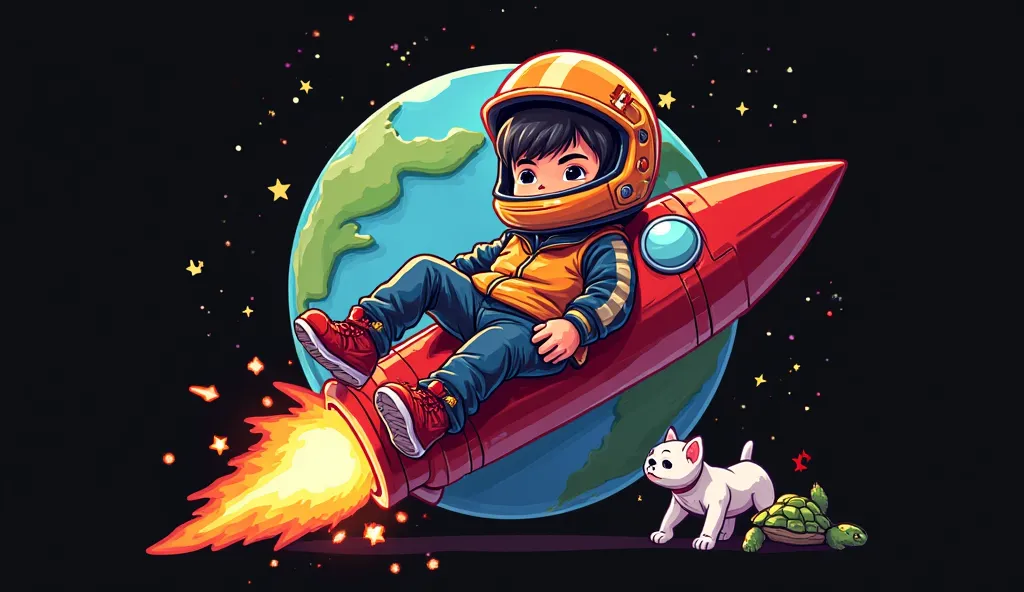  logo design,  components,
- a boy is lounging on a rocket
- Wear a racing helmet
- There are toys., Pit Bull,  White Kitten, Turtle, Flag of Thailand
- In the back there is a world, ยานอวกาศ
- style GTA 5, Black background