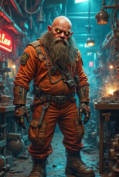 A hyper-detailed, cyberpunk-inspired illustration of a gruff humanoid with the appearance of a sun-dried tomato, his skin wrinkled and leathery with deep creases. His expression is intense, with glowing yellow cybernetic eyes and a thick mechanical beard o...