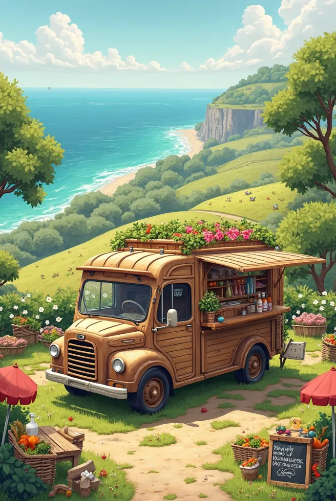 Make me a advertisement For food truck Called “Goldman” But more countryside vibe And add sea in the background 