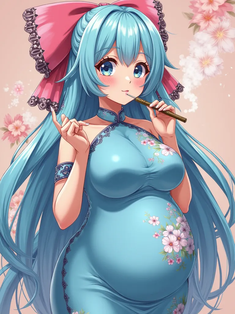 anime obese girl long sky blue waterfall hair with big pink bow on the back of her head in a blue dress holding and a bamboo cigarette extremely detailed artgerm, seductive anime girl, with very large belly style artgerm, beautiful alluring anime woman, cu...