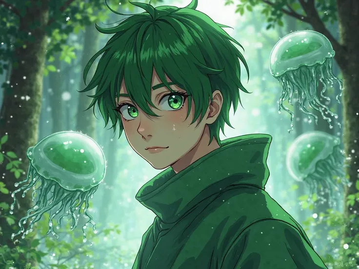 A thirteen-year-old , Does he have green hair in the same shade as emeralds, your eyes are like those of a feline, na cor de bronze com a iris vertical, Jellyfish made of water element Chakra float around you. Their clothes are traditionally styled for Jap...