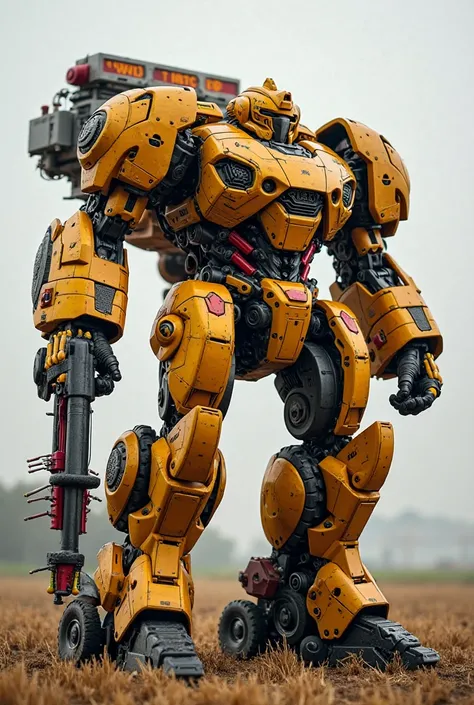 The beet harvester transformer is a massive, powerful robot with a brawny, yellow-red armor, that are reminiscent of agricultural harvesters. His right arm is a huge rotary tiller, The earth whirls up, while his left arm has a mechanical gripper, the harve...