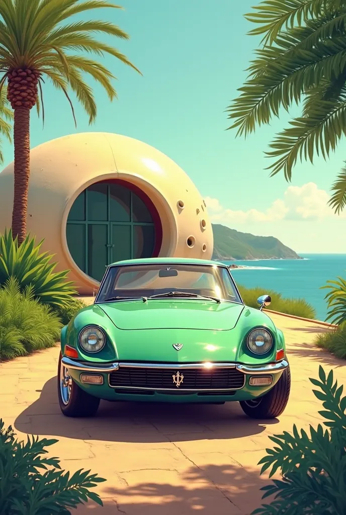 A 1970 Citroën Maserati in tropical green in front of the Pierre Bernard Bubble House in Esterel on the Var coast 