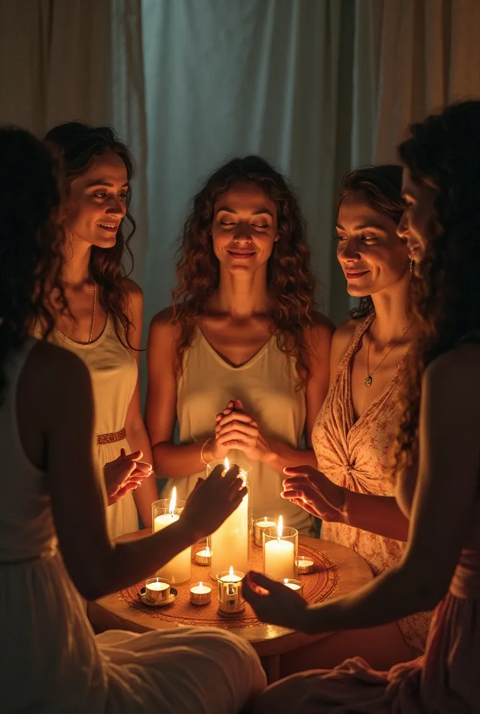 Women gathered in a circle, lit candles,  hands clasped , faces reflecting liberation and connection