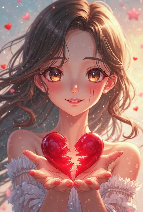 A very pretty girl saying hello but with a heart that looks broken bleeding anime style