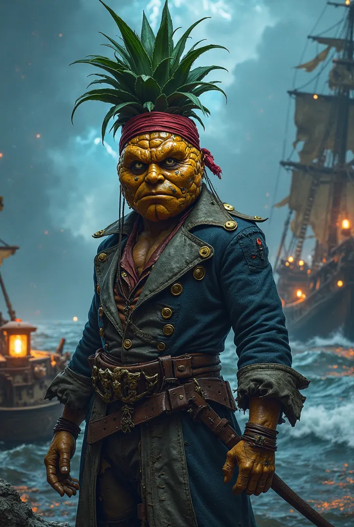 A hyper-realistic, pirate-inspired character design featuring a humanoid with a rugged pineapple body, its tough, spiky skin covered in old battle scars. His deep-set eyes gleam with mischief, and his wild, green-leafed hair is tied back with a red bandana...