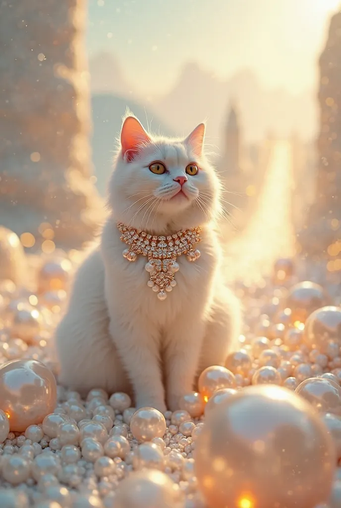 "A majestic white Persian cat wearing an opulent pearl necklace with diamond accents elegantly draped around its neck. The cat exudes royalty and grace, its fur glowing under soft, ethereal light. The entire world around it, including the sky, is made of r...