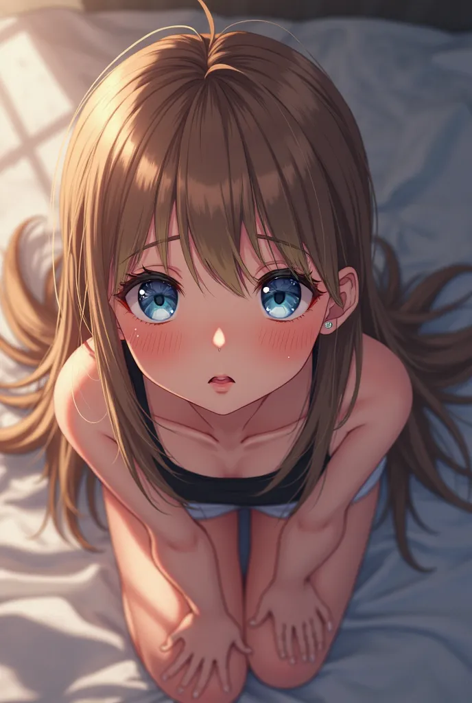  young girl, realistic photo ,  long light brown hair, bright blue eyes, tank top,  high socks .  Whole body,  earrings,  adorable, suave.

 kneeling on her bed, seen from above,  shows her lips ,   Calm environment and body  . vibrant colors.  beautiful e...