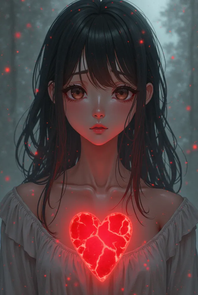 A pretty girl whose heart is broken in her chest bleeding anime-style