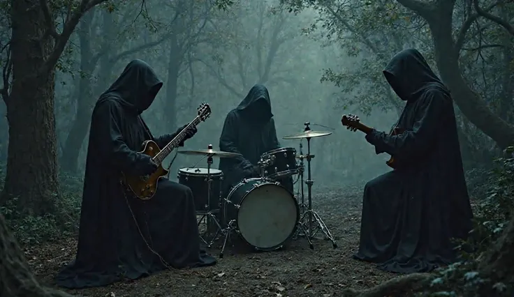 Dark magic forest. A musical group is located in the clearing. A creature in a black cloak with a hood that hides its face plays on the drum set. The two guitarists are also wearing black robes with deep hoods