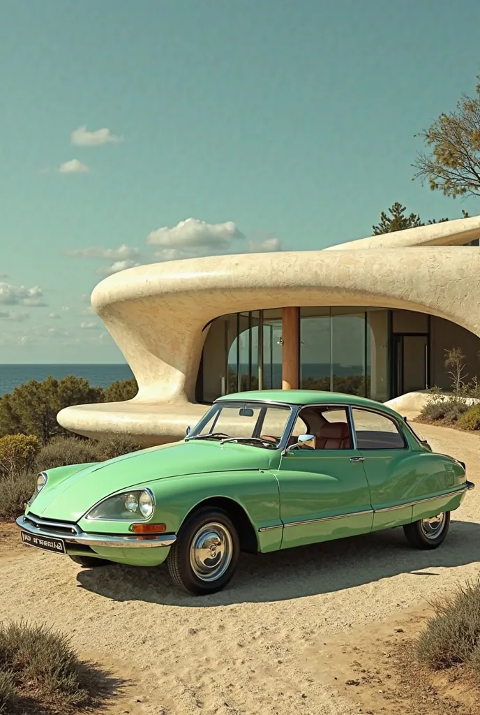 A 1970 Citroën SM in tropical green in the Citroën color chart in front of the Maison Bulles de Pierre Bernard in Esterel on the Var coast 