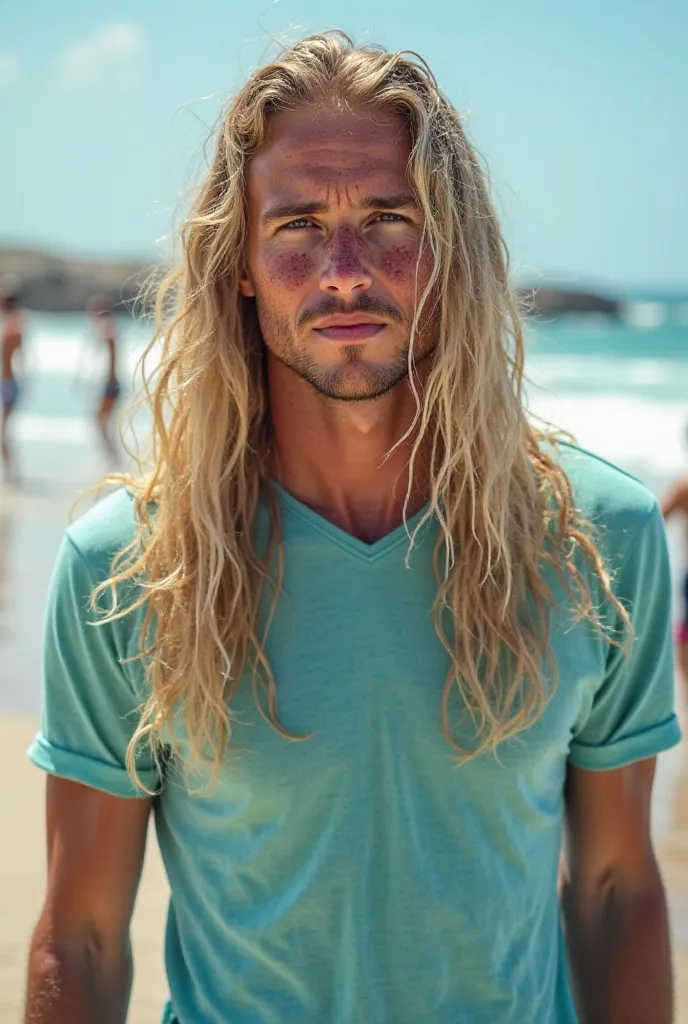 An image of a  surfer with freckles with long straight blond hair. It is on the shore of a beach and in the background you can see people surfing. He's wearing shorts and a turquoise blue shirt. Do it hyper realistic style 