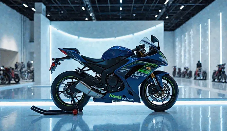 2025 kawasaki ninja h2r motorcycle stand in the white lightning luxury showroom in the neat blue and white color front side view and neat and realistic look and showroom is decorated neat lights and good looking and realistic look 