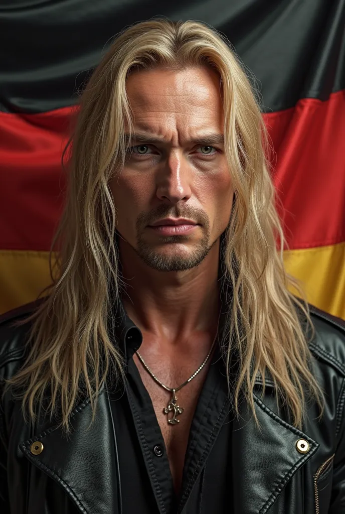 
Sebastian Bach with a german flag behing him
